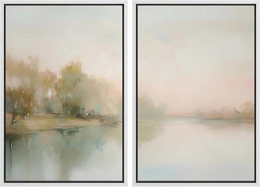 MUDECOR Framed Canvas Print Wall Art Tranquil Reflection Serene River Landscape Illustrations Modern Art Decorative Bohemian Chic for Living Room, Bedroom, Office - 16"x24"x2 White
