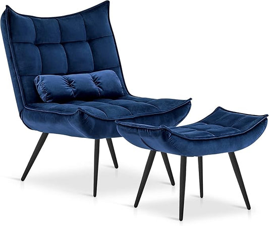 MCombo Accent Chair with Ottoman, Modern Velvet Wingback Lounge Chair, Upholstered Club Chair for Small Space, Living Room & Bedroom 4079 (1, Blue)