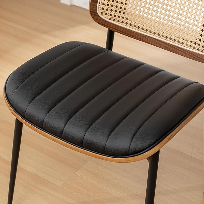 Rattan Dining Room Chairs Set of 2, Mid Century Modern Kitchen Ktichen Chairs,Faux Leather Walnut Wood Finish Side Chair, Metal Legs Desk Chair with Rattan Backrest,Black