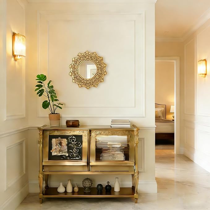 Vintage Gold Round Sunburst Mirror,with Exquisite Relief Elegant Wall Decor,Resin Decorative Mirrors Suitable for Gallery Living Rooms(Gold 12")