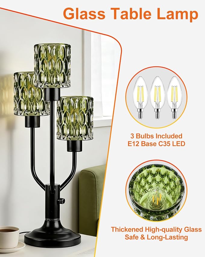 Lightdot Mid Century Modern Table Lamp for Living Room Dimmable Nightstand Lamp Black Vintage Desk Lamp Green Glass 3 Bulbs Included Warmwhite Ambient Bedside Lamp for Bedroom Home Office Decor Gift