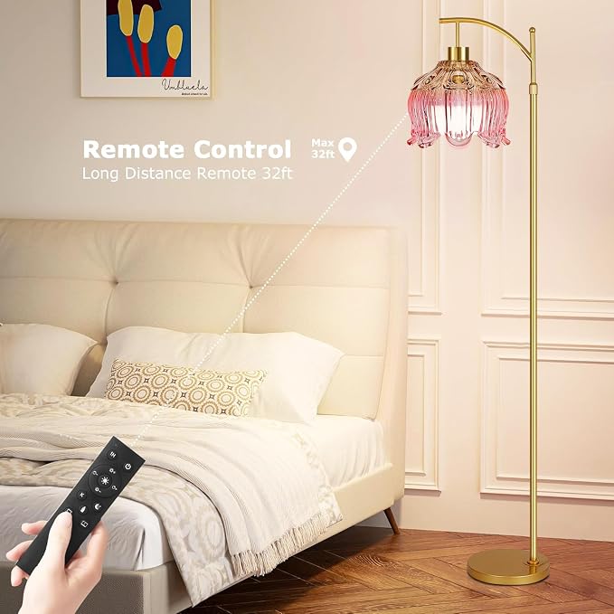 QIYIZM Pink Floor Lamp for Living Room,Bedroom,Gold Dimmable Standing Lamp with Remote,Mid Century Modern Brass Tall Lamp Boho Floor Lamps Arc Stained Glass Flower Floor Light Lamp Girls kids Bohemian