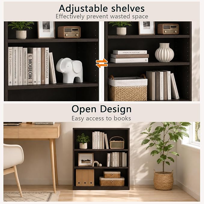 Wooden 3-Tier Bookshelf, Adjustable Open Storage Shelf Unit, 31.5" Tall Bookcase（Chocolate）
