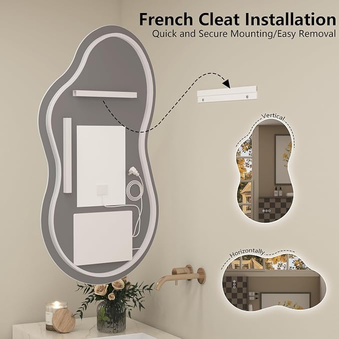 40x24 Inch Irregular Cloud LED Bathroom Mirror, Asymmetrical Backlit Bathroom Vanity Mirror, Anti-Fog, Dimmable, 3 Colors, Memory, Shatterproof (Horizontal/Vertical)