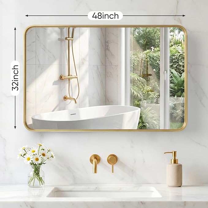 NEWBULIG 32X48 Inch Bathroom Mirror for Over Sink, Wall Vanity Mirrors Tempered Glass, Anti-Rust Metal Framed Rounded Rectangle, Hangs Horizontally or Vertically, Farmhouse Home Decor, Gold
