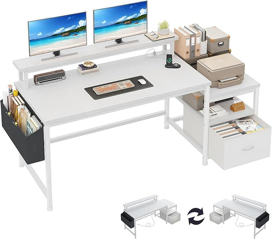 EnHomee 57" Office Desk with Drawers and Printer Space,Computer Desk with Power Outlets,Home Office Desks with File Drawers Cabinet,Study Writing and Gaming Desk with Shelves Monitor Stand,White