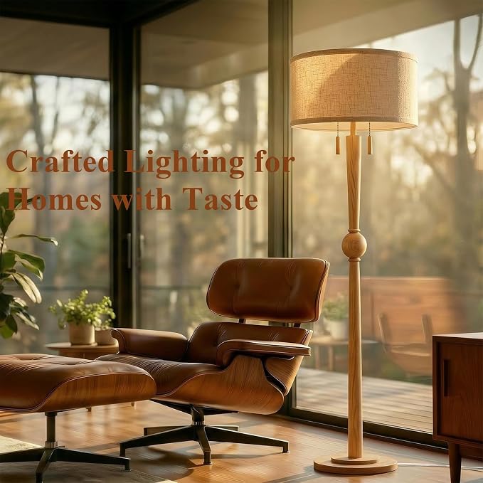 MOFFE 62.8" Solid Wood Floor Lamp,Tall Standing Floor Lamp with 2-Light Pull Chain, 17" Linen Drum Shade, Sculptural Wood Base & Stem,Transitional Floor Lamp for Living Room Bedroom, Includes 2 Bulbs