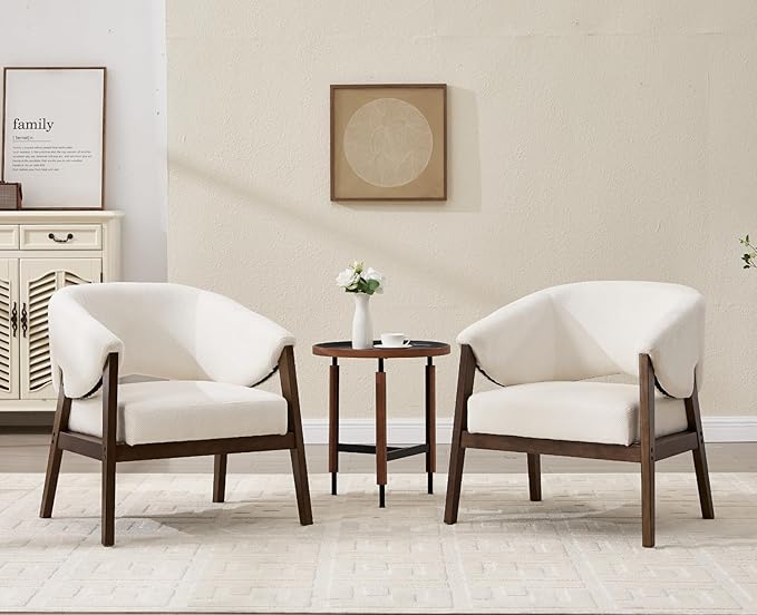 CIMOTA Mid-Century Modern Accent Chair, Comfy Barrel Armchair with Wide Seat, Upholstered Lounge Chair with Walnut Wood Legs for Living Room/Bedroom/Reading Corner, Chenille, Beige, 1PC