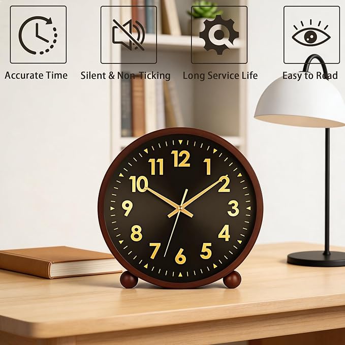 Maxspace Wooden Table Clock,8in Silent Non-Ticking Desk Clock,Battery Operated Desktop Analog Clock for Living Room Office Bedroom Decor (Black Gold - Walnut, Wooden Ball Base)
