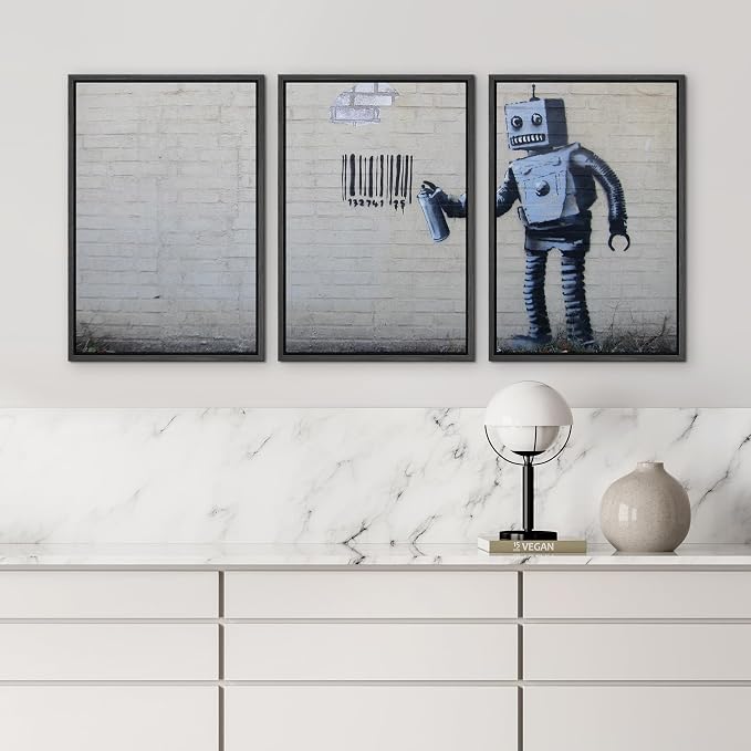 wall26 - Robot Graffiti Banksy Street - Framed Canvas Art Wall Art - 16"x24"x3 Black