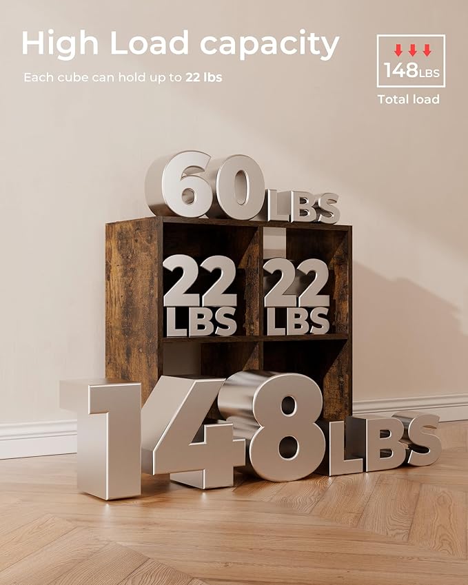 GTPLAYER 4-Cube Storage Organizer, Fits 11" Bins, Vertical or Horizontal Use, Opening Bookshelf, Partial Back Panels, Stackable Design Bookcase, for Desk, Vanity, Entryway, Vintage Brown