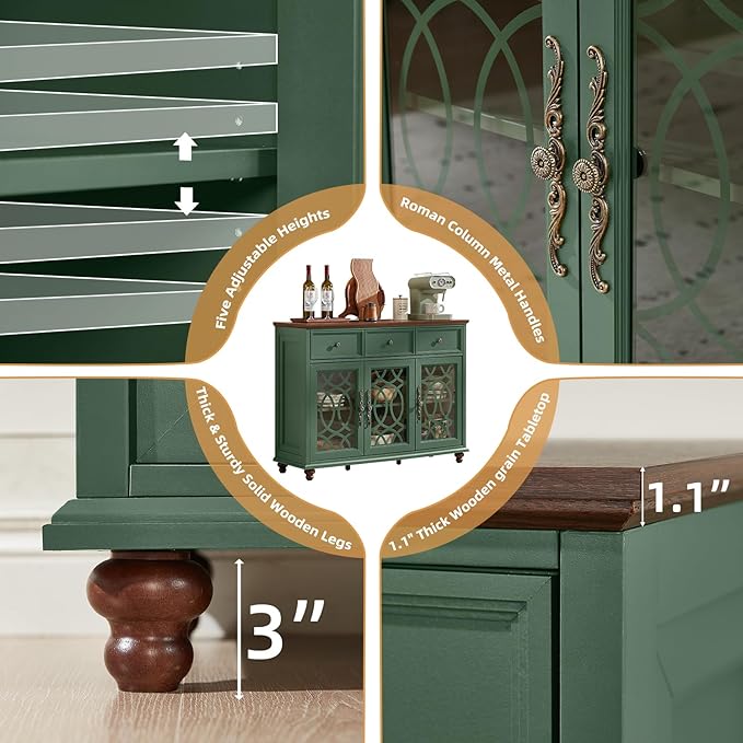 Farmhouse Sideboard Buffet Cabinet Set of 2 with Storage,48" Large Credenza with 3 Glass Doors & 3 Drawers,Adjustable Shelves Console Table,Wood Kitchen Coffee Bar for Dining Room,Green