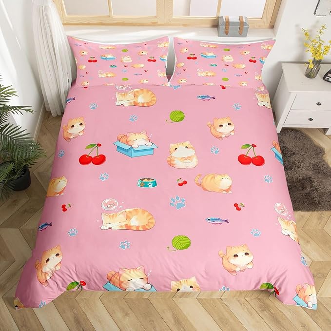 Erosebridal Pink Kitten Bedding Set King Cute Pet Cats Animals Duvet Cover Cherry Comforter Cover for Kids Girls Boys Adults Cat Paw Print Bed Set