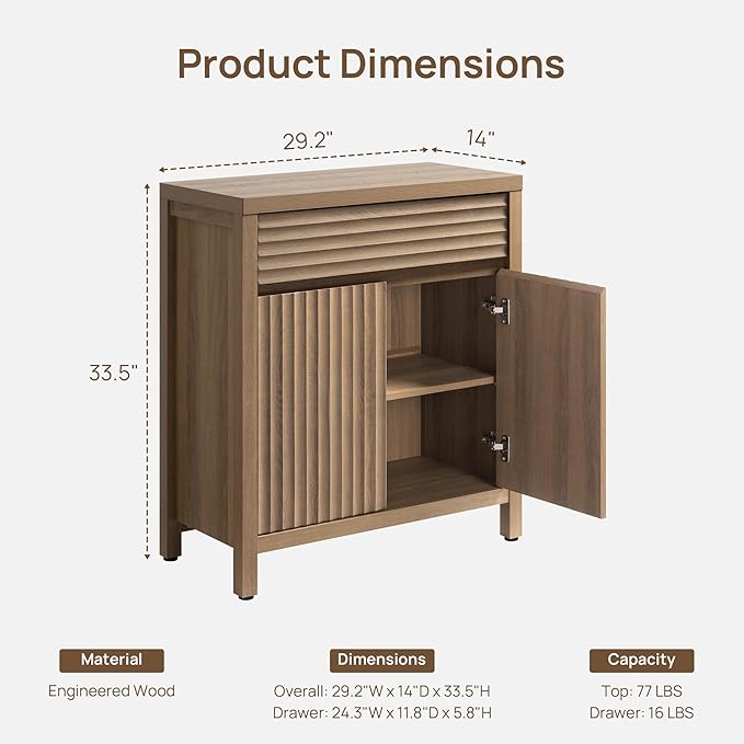 SICOTAS Fluted Buffet Cabinet with Storage - 29" Large Sideboard Modern Storage Cabinet Accent Coffee Bar Console Table with Drawers & Adjustable Shelves for Kitchen Living Room Entryway, Caramel Oak