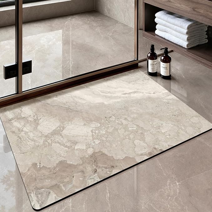 Color&Geometry Ultra Thin Bath Mat,Non Slip Quick Dry Rugs, Absorbent Marble Bathmat,24"x36",Washable Rubber Mats for Shower Floor,in Front of Bathtub,Bathroom Decor, Beige Stone-Texture-Patterned