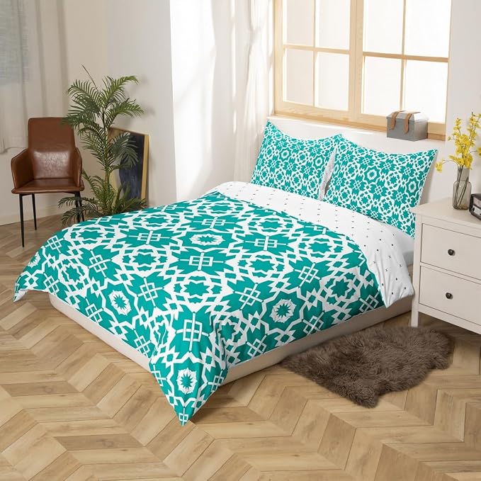 Turquoise Geometric Floral Duvet Cover Twin for Kids Boys Girls,Elegant Retro Floral Comforter Cover,Abstract Flower Art Bedding Set,Modern Aesthetic Bed Set with 1 Pillowcase Bedroom Decor