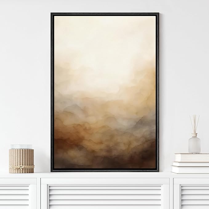 MUDECOR Framed Canvas Print Wall Art Warm Beige Misty Landscape Abstract Serene Gradient Illustrations Fine Art Decorative Zen Multicolor Country/Farmhouse Retro for Bedroom - 16"x24" BLACK
