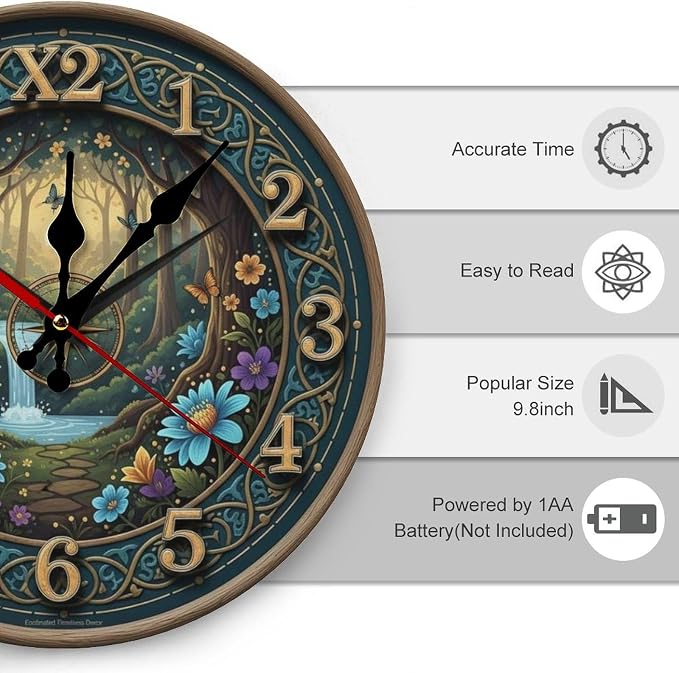 Whimsical Enchanted Forest Wall Clock, Silent Non Ticking Wooden Frameless Battery Operated Decor, Ideal Gift for Home Office Bedroom Kitchen