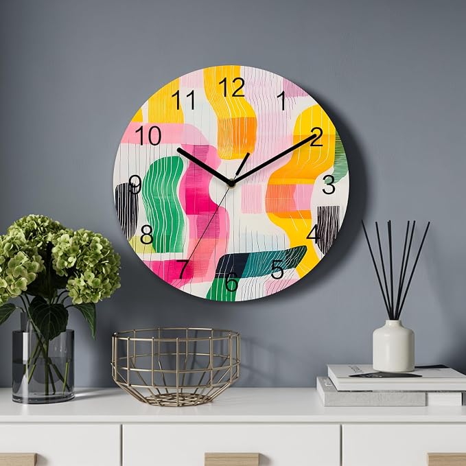 Impressionist Style Wall Clock Battery Operated Non-Ticking 10" Round Wood Clocks, Abstract Colorful Line Color Block Kitchen Wall Clock for School Bathroom Living Room Home Office Wall Decor