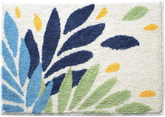 Hi Space Bathroom Rugs 24x16IN Blue Leaves Bath Mat for Bathroom Non Slip Machine Washable Soft Microfiber Absorbent Cute Bath Rug Plush for Tub Shower Sink Fluffy Home Decor Accessories