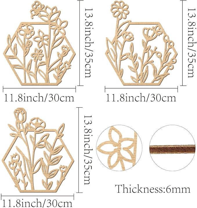 CREATCABIN 3Pcs Flowers Wood Wall Decor Wooden Black Wall Art Decoration Hanging Set Hollowing Out Hexagon Flower Sculpture Laser Cut Wooden Sign Ornament for Home Bedroom Gallery Office 11.8x13.8Inch