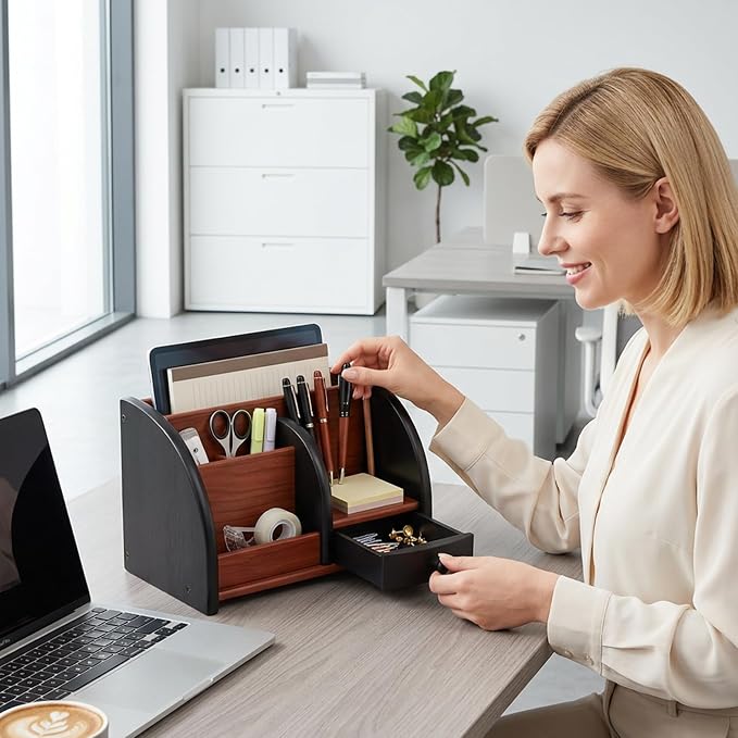 Wood Desk Organizer, Walnut Brown Table Top Organizer, Handcrafted Wooden Desktop Storage for Pens, Office Supplies, and Small Items Wood Desk