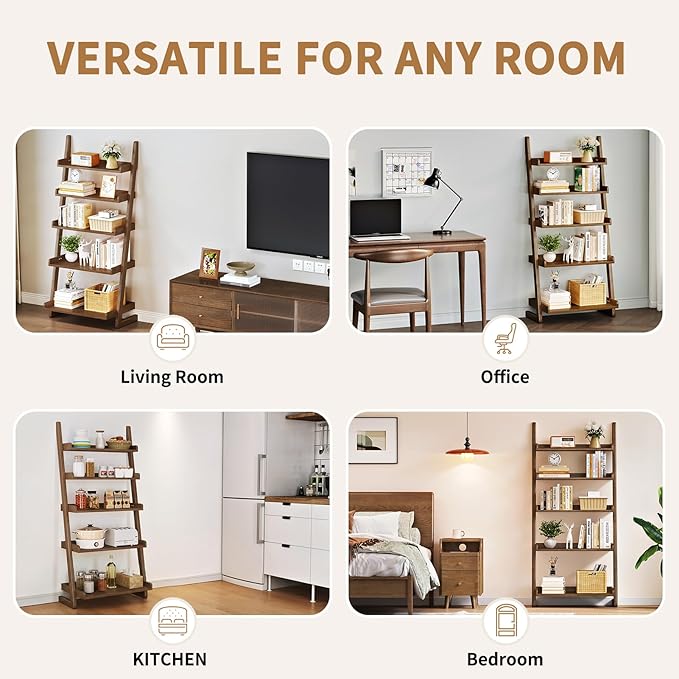 Uniclinens Walnut Wooden Ladder Shelf, 5-Tier Leaning Bookshelf, Ladder Bookshelf for Compact Spaces, Leaning Bookcase for Living Room, Bedroom, Home Office
