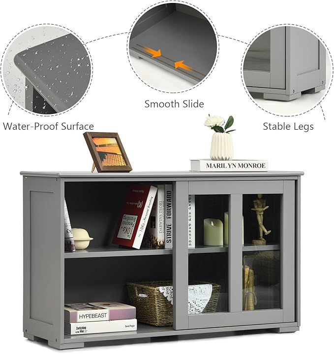 Sideboards Buffet Cabinet, Sliding Tempered Glass Door Coffee Bar, Console Table with Adjustable Shelf, Credenzas for Living Room, Stackable Kitchen Cupboard for Dining Room (Grey)