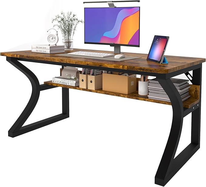 AZN Computer Desk, 55x24 in Computer Desk, Office Desk w/Storage & U-Size Metal Frame for Home Office Bedroom Gaming, Office Desk w/Water-Resistant, Scratchproof Surface, Brown