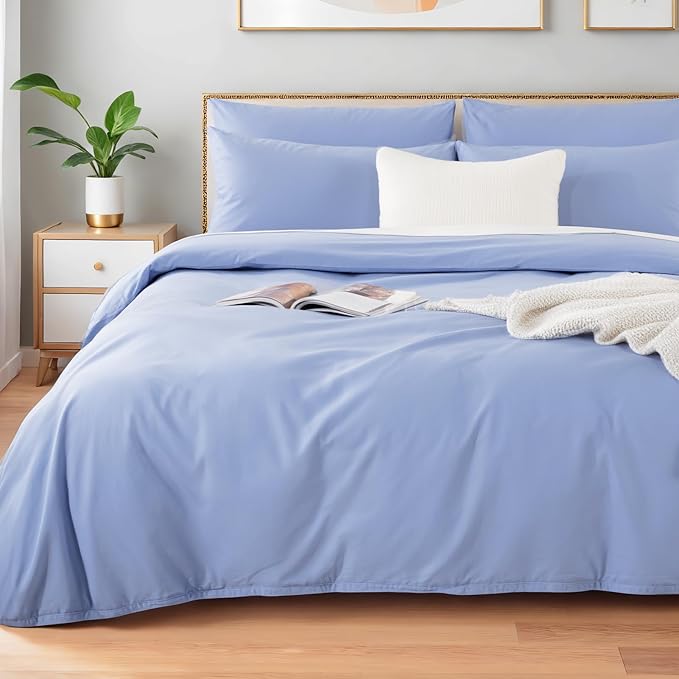 NEXHOME PRO Full Duvet Cover Set, 100% Washed Cotton with Linen-Like Texture, Natural Organic, Breathable & Comfortable, Includes Home Bedding Set Baby Blue (No Comforter) 8090
