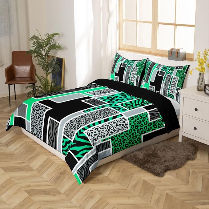 Erosebridal Leopard Print Comforter Cover Full Zebra Skin Texture Bedding Set Wild Animal Cheetah Print Duvet Cover for Kids Teen Adults,Green Black Grey Geometric Bed Set