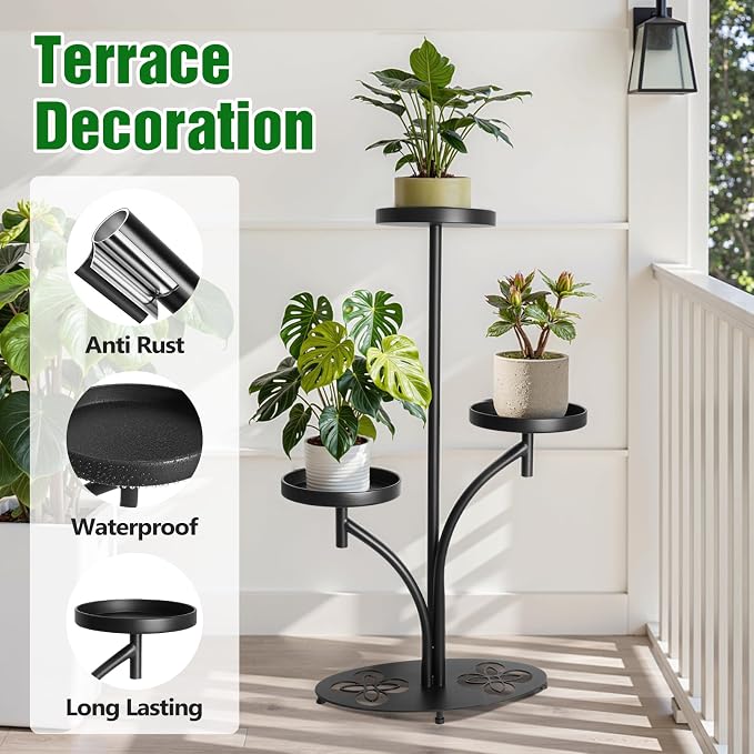 3 Tier Metal Plant Stand Indoor Outdoor, Tall Black Plant Shelf, Heavy-duty Base in the Shape of a Four-leaf Clover, Tiered Modern Corner Shelf, Suitable for Courtyard, Patio, Living Room, (2 Pack)