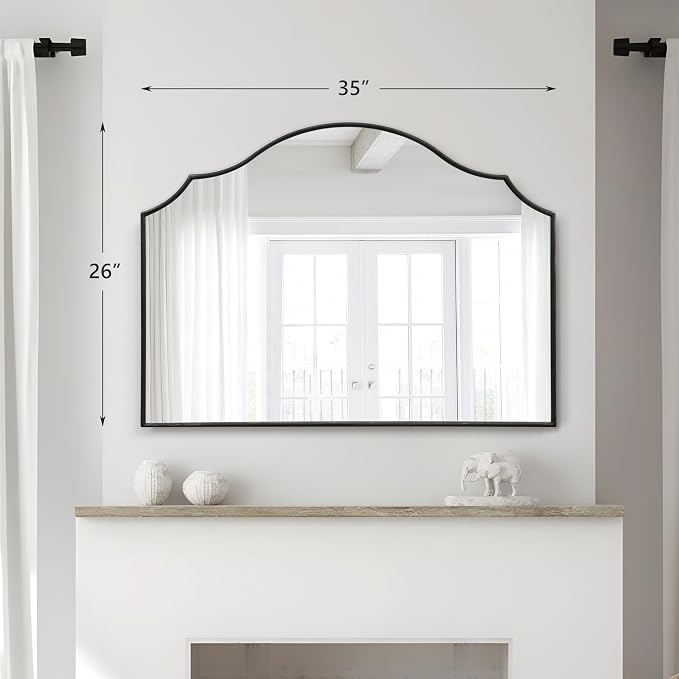 Besdomus Scalloped Arched Mirror for Mantel: 35"x26" Black Modern Wooden Wall Mirror - Minimalist Decorative Dresser for Vanity/Bathroom/Bedroom/Fireplace/Living Room/Entryway - Stylish Home Decor