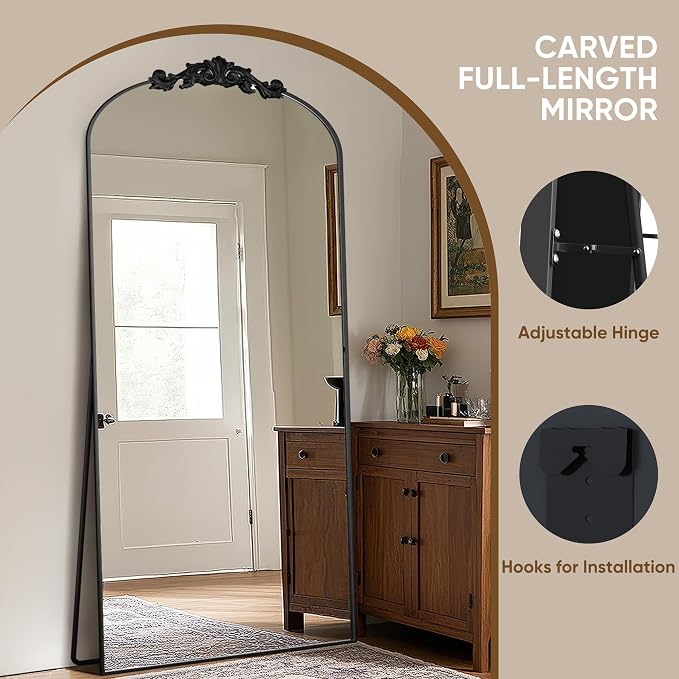 Antok Arched Full Length Mirror, 78"x38" Floor Mirror with Carved, Full Body Mirrors for HomeDecor, Standing/Halling Large Wall Mirror for Bedroom, Living Room, Cloakroom, Black, Retro Style