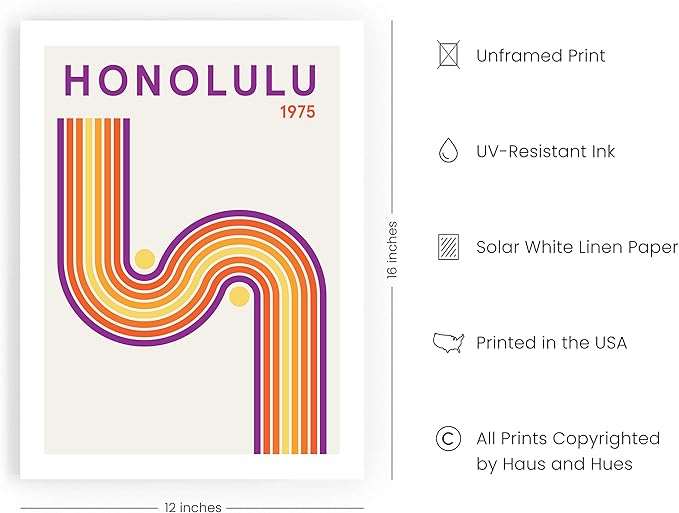 HAUS AND HUES Vintage Travel Poster – Honolulu Art Print, Retro City Artwork, Hawaiian Wall Decor, Abstract Beach Poster (Unframed 12x16)