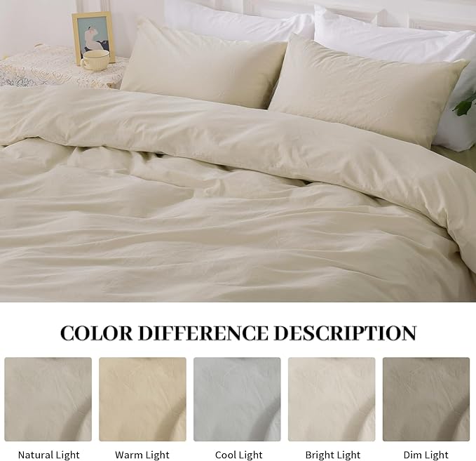NEXHOME PRO Duvet Cover Set Oversized Queen 98"x98" Linen Feel Textured Cream Grey Organic Natural 100% Washed Cotton Duvet Cover 3 Pieces Bedding Set Zipper Closure, Breathable (No Comforter)