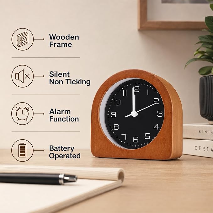 Analog Alarm Clock 5" Silent Non-Ticking Small Solid Wood Desk Clocks Battery Operated Simple Style Retro Table Clock for Office/Bedroom/Kitchen/School/Bedside/Shelf (Dark Wood, Arch)