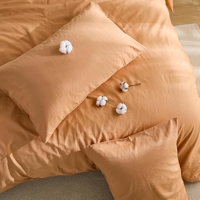 100% Washed Cotton Duvet Cover King Size – Burnt Orange, Linen-Like Texture, Super Soft & Breathable Bedding Set, 3-Piece Durable Percale Comforter Cover