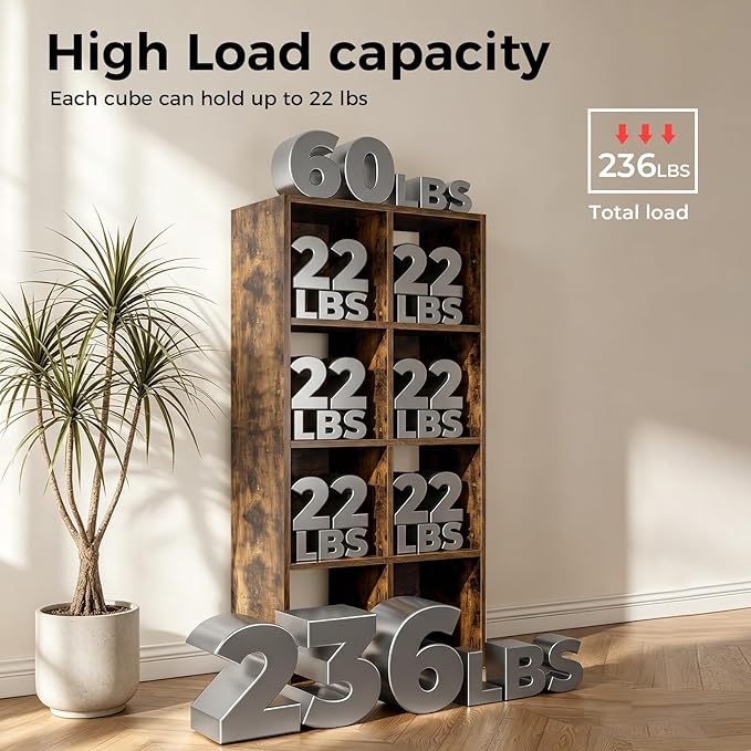 LUCKLIFE 8-Cube Storage Organizer, Stackable Modular Bookcase Shelf with Vertical or Horizontal Use, Fits 11×11" Bins, Optional Back Panels, for Living Room, Office Rustic Brown