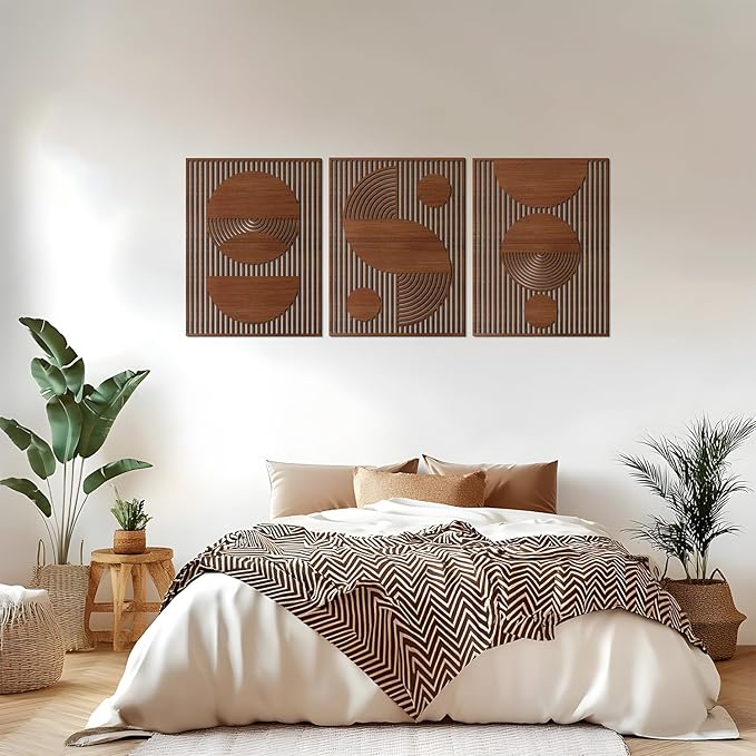 Homenthus 3 Pcs Abstract Wood Wall Art, Mid Century Modern Geometric Wood Wall Decor Minimalist Wooden Wall Art Decor Panels for Boho Living Room Bedroom Kitchen Dining Room Office Home Wall Decor