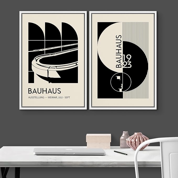 IDEA4WALL Framed Canvas Print Wall Art Set Bauhaus Geometric Black Architecture Circles Abstract Shapes Illustrations Modern Art Decorative for Living Room, Bedroom, Office - 24"x36"x2 White
