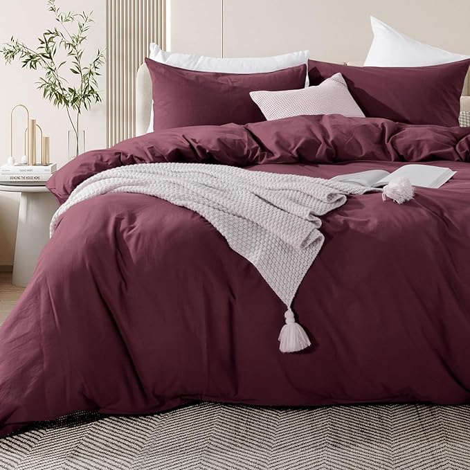 NEXHOME PRO Duvet Cover Set 100% Washed Cotton California Kingn 104"x98", Organic Natural Linen Look Textured 3 Pieces Bedding Set Burgundy Dark Red with Zipper Closure, Breathable (No Comforter)
