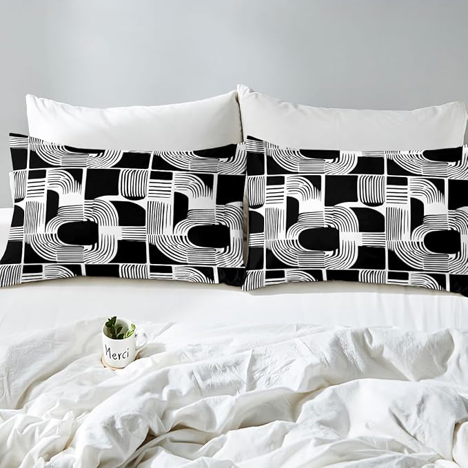 Erosebridal Black and White Teens Duvet Cover 3 Piece Bohemian Geometric Bedding Set Full Size Mid Century Abstract Comforter Cover for Kids Boys Adult Bedroom Boho Stripes Minimalist Bed Sets