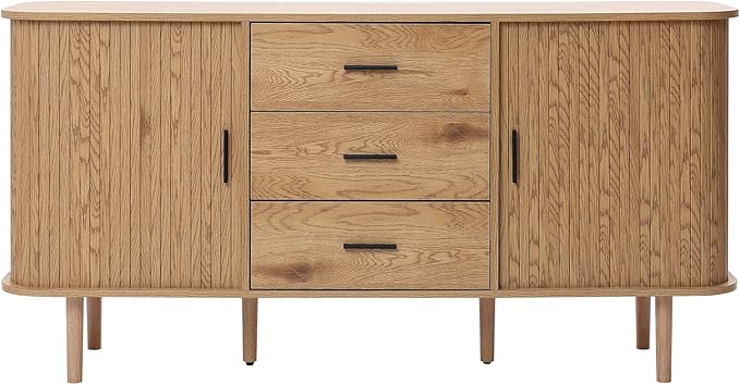 LuxenHome 59” Sideboard Buffet Cabinet with Storage, Mid Century Modern Sliding Door Sideboard Cabinet, Adjustable Shelves Wood Console Table with Storage Cabinets for Living Room, Kitchen