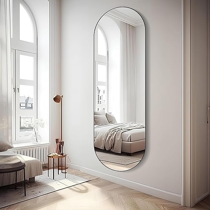 Arched Full Length Mirror Black, 65''x 22'' Oval Body with Metal Frame, Large Hanging Top for Bedroom, Living Room, Entryway, Bathroom 65x22 inch