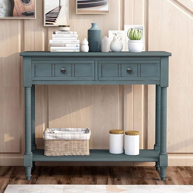 SOFTSEA 35.43” Antique Entry Console Table with Drawers & Bottom Open Shelf, Rustic Entryway Table with Storage, Save Space, Solid Wood Sofa Couch Table for Entryway, Navy