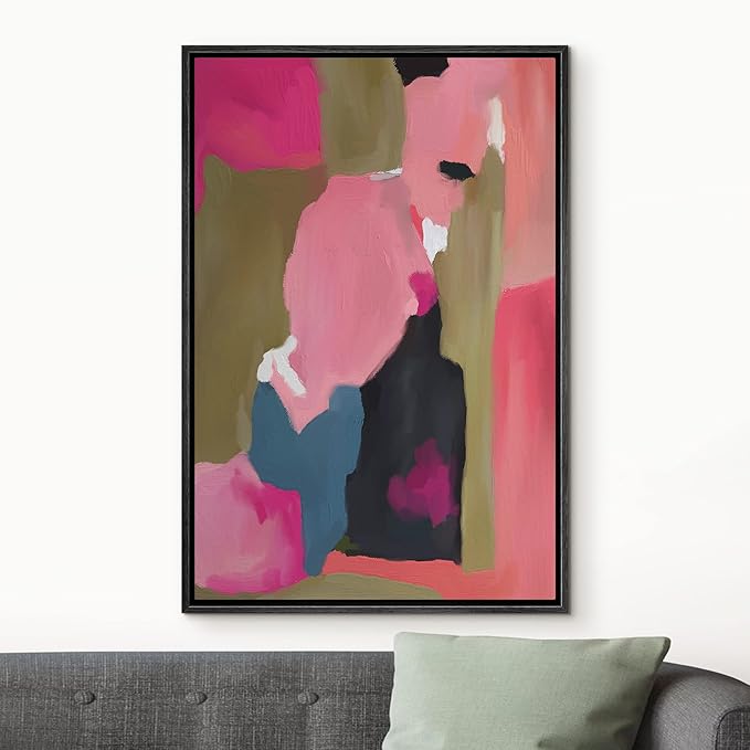 MUDECOR Framed Canvas Print Wall Art Dark Pink Paint Stroke Landscape Abstract Shapes Illustrations Minimalism Decorative Relax/Zen Colorful Nordic for Living Room, Bedroom, Office - 16"x24" Black