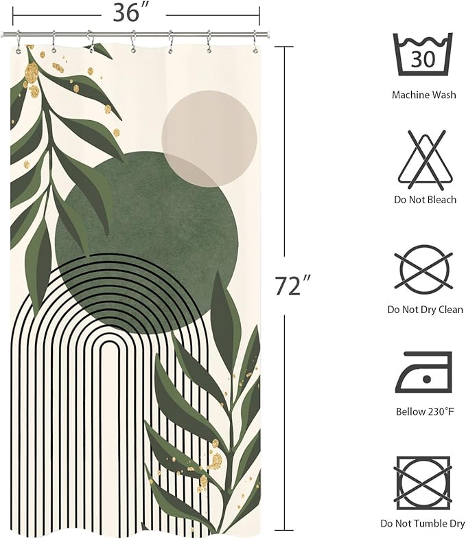 Miyotaa Stall Abstract Sage Green Shower Curtain Set 36Wx71H Inches Minimalist Aesthetic Modern Small Half Contemporary Plant Leaves Polyester Waterproof Cloth Bathroom Curtain with 12 Hooks