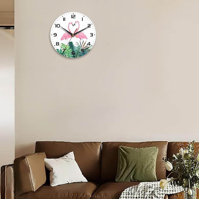 Flamingos Wall Clock Couple Flamingo Pink Clocks for Living Room Wall Clocks Battery Operated Silent Non-Ticking Decorative for Home Kitchen Bathroom Living Room Bedroom Office 10 Inch