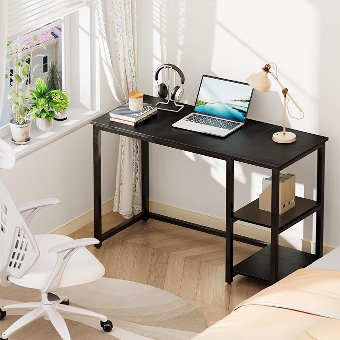 SINPAID 40 Inch Small Gaming Desk with Shelves for Small Spaces, Easy Assembly Study Desk, Sturdy Writing Desk for Bedroom & Home Office, Black